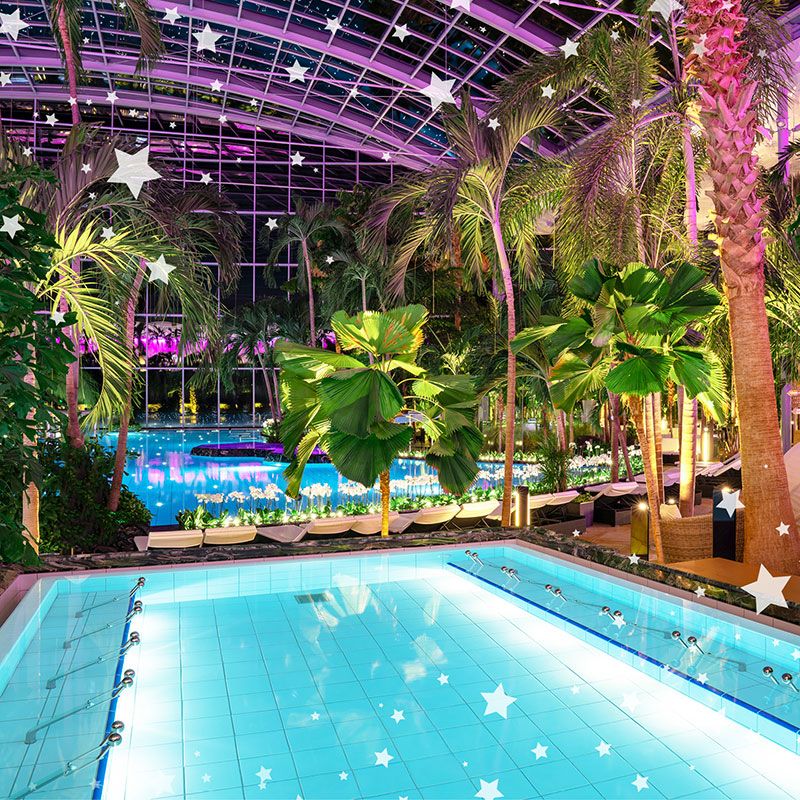 Palmenparadies und Vitaltherme & Sauna Palmenparadies mit Lagunen und geöffnetem Panoramadach