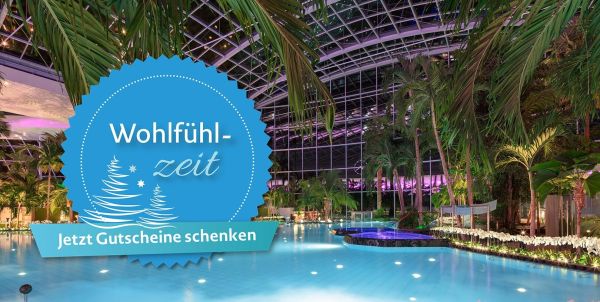 Große Lagune bei Nacht im Palmenparadies der Thermen & Badewelt Sinsheim