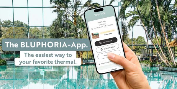 Teaser image showing a smartphone with the caption: ‘Your BLUPHORIA app – the easiest way to your favourite spa’