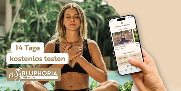 Grafik zeigt Frau mit geschlossenen Augen und Aufschrift: "14 Tage kostenlos testen - MyBLUPHORIA Premium"