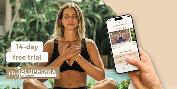 The image shows a woman with her eyes closed and the caption: ‘Try it free for 14 days – MyBLUPHORIA Premium’