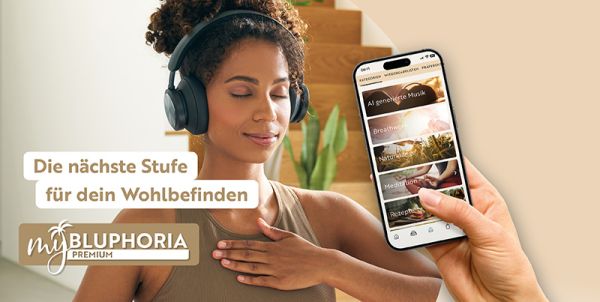 MyBLUPHORIA Premium Grafik zeigt entspannte Frau und Smartphone, Aufschrift: "Die nächste Stufe für dein Wohlbefinden MyBLUPHORIA Premium"
