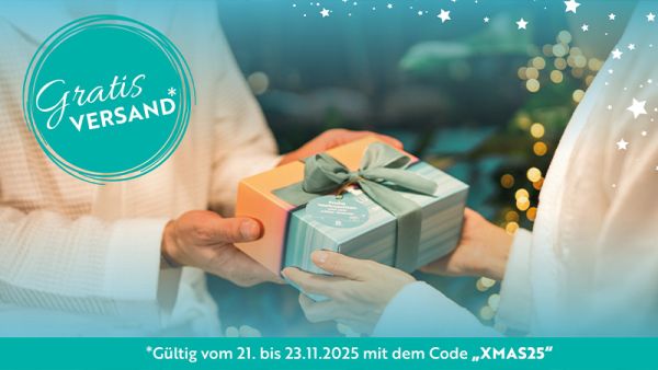Grafik mit Bild einer Geschenkübergabe und dem Text "Gratis Versand - Gültig vom 21. bis 23.11.25 mi dem Code XMAS25"
