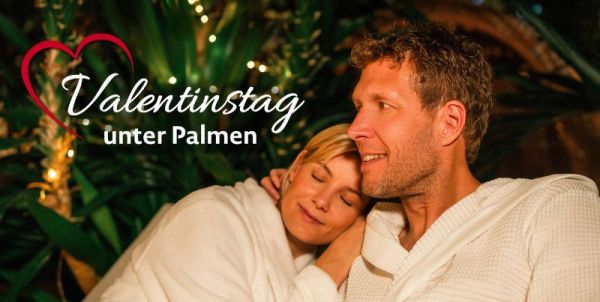 Pärchen kuschelt und daneben steht die Schrift "Valentinstag unter Palmen"