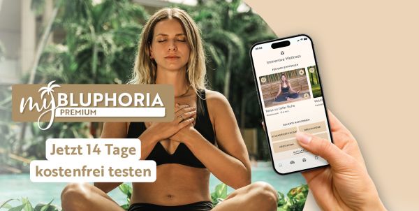 Grafik zeigt Frau mit geschlossenen Augen und Aufschrift: " MyBLUPHORIA Premium - jetzt 14 Tage kostenfreitesten"