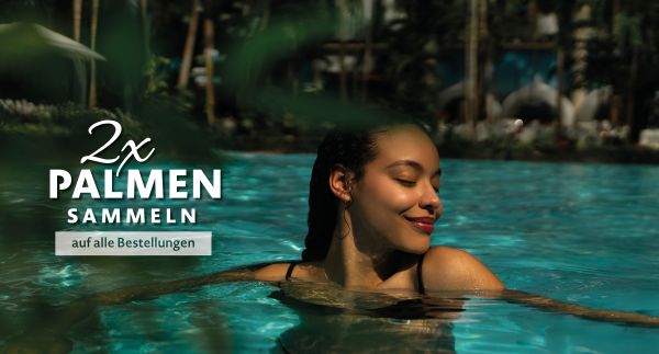 Grafik mit einer Frau im Wasser und der Aufschrift:"2x Palmen sammeln auf alle Bestellungen"
