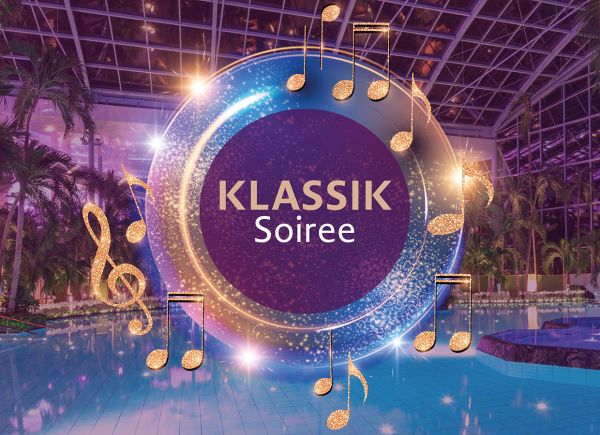 Klassik Soiree Therme bei Nacht mit Klassik Soiree Logo