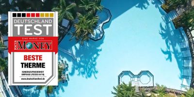 Therme mit Focus Money Award ausgezeichnet Palmenparadies von oben mit Logo Focus Money Award