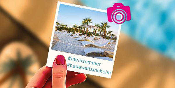 Polaroidfoto mit Thermenstrand und Hashtags