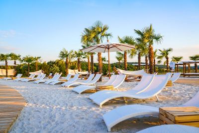 Strand mit Liegen und Palmen